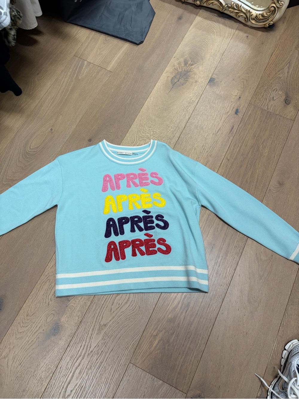 Alice + Olivia Light Blue 'APRÈS' Multi-Color Graphic Sweatshirt